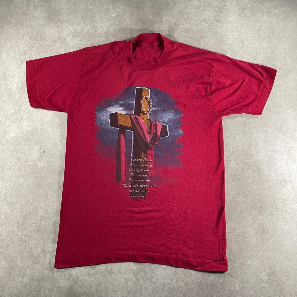 80s 90s Christian Jesus Cross Graphic T-Shirt Red Cotton Size Small Vintage God